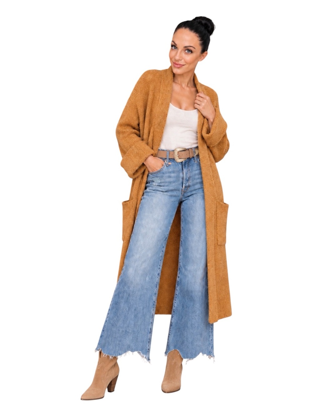 FREE PEOPLE “Live In Tokyo” Chestnut Camel Open Front Maxi Cardigan Sweater